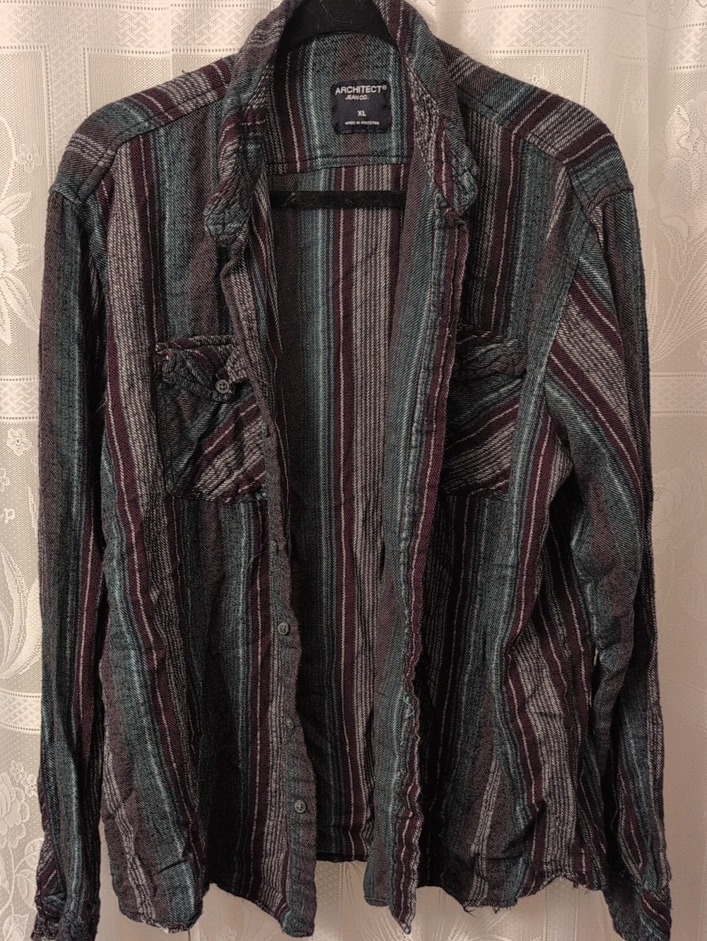 Architect Striped Open-Front Shirt Jacket in Teal, Burgundy & Grey